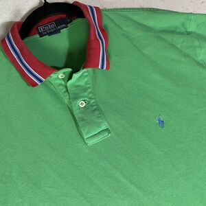 Polo Ralph Lauren Mens L Green Polo Shirt Red White Collar Short Sleeve